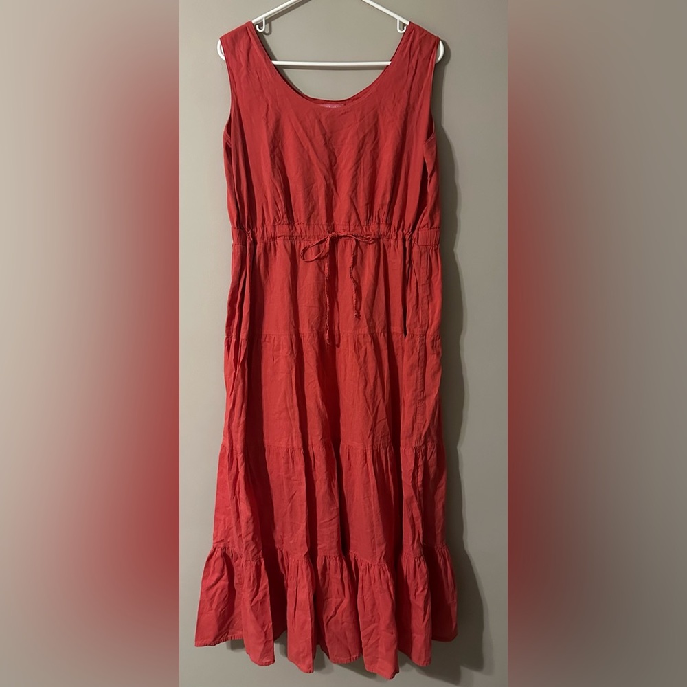 WOMAN WITHIN size MEDIUM, light red, sleeveless, tie at waist, tiered dress.
